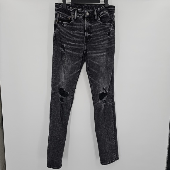 American Eagle Jeans 32x34 Destroyed Black Wash Next Level Flex Slim Hipster - Picture 1 of 10